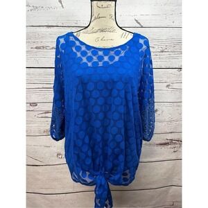 Royal‎ Blue Polka Dot Lace Overlay Boho Kimono Top 3/4 Sleeve Tie Front